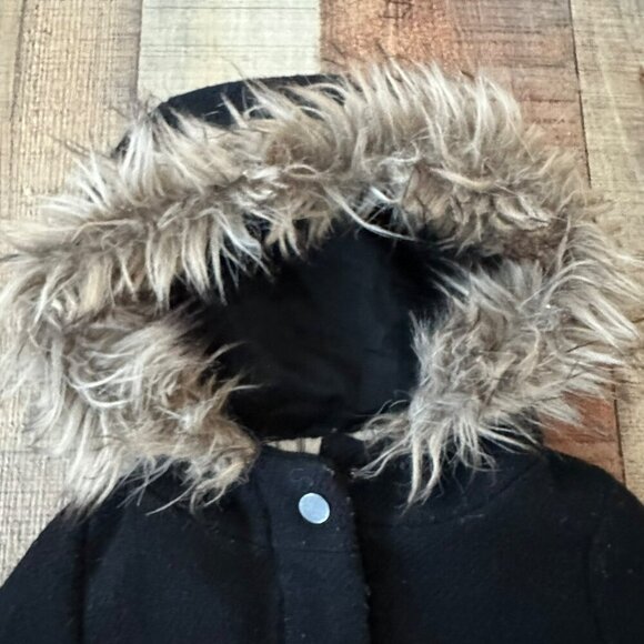 Faux Fur Hooded Black Coat With Snap Buttons & Pockets - Picture 9 of 10